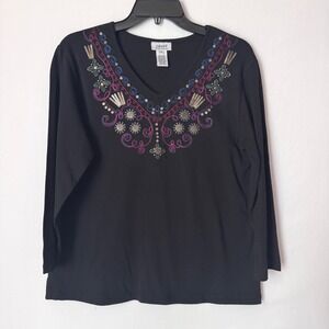 Graff By Um Company V-Neck Top Women Size M Black 3/4 Sleeve Boho Embroidered
